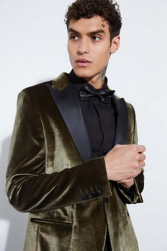 Slim-Fit Samt-Anzugjacke mit Kontrast-Revers