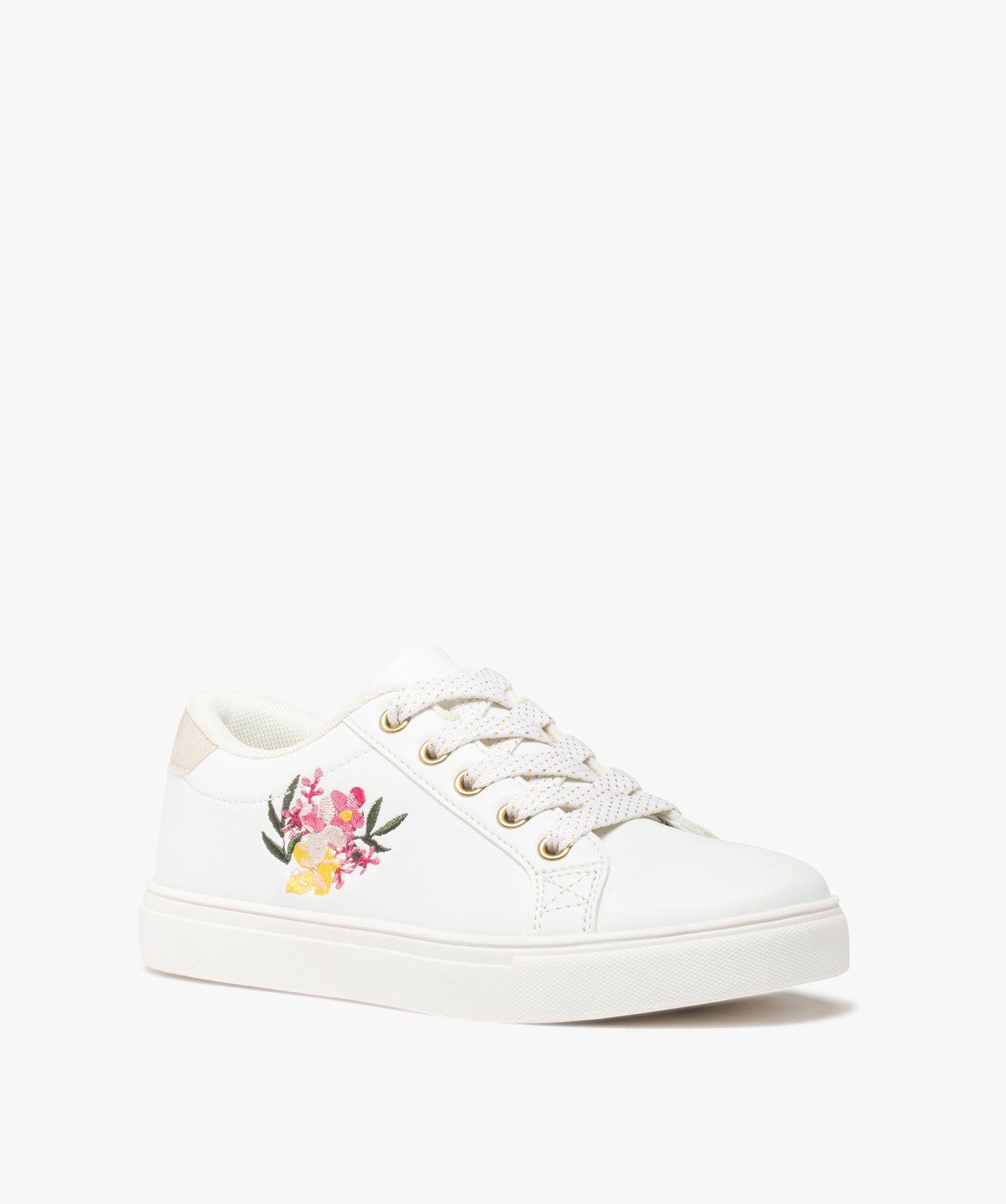 Baskets fille unies brodées fleurs sur le cté blanc | GEMO