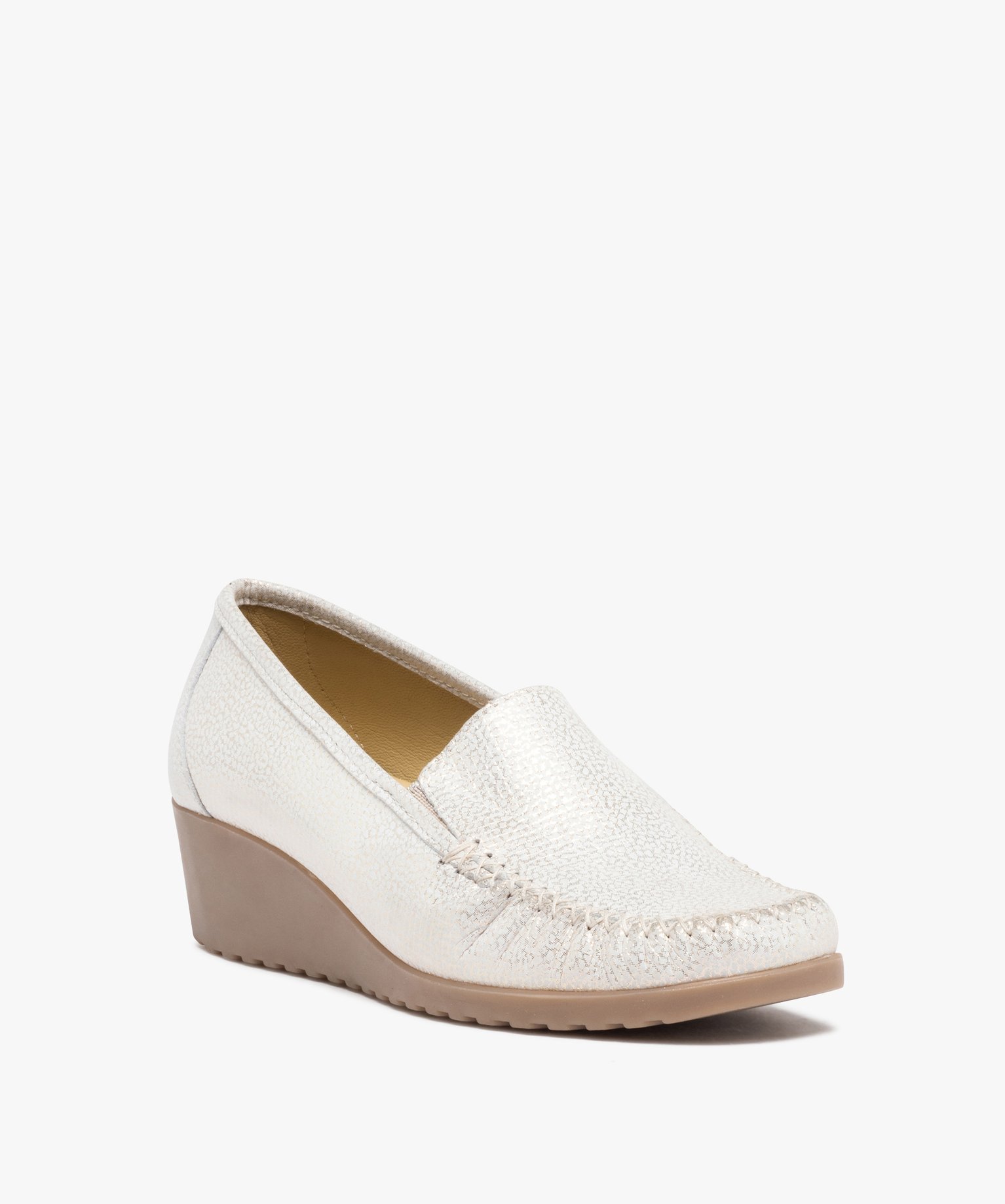 Mocassins femme confort dessus cuir métallisé souple blanc | GEMO