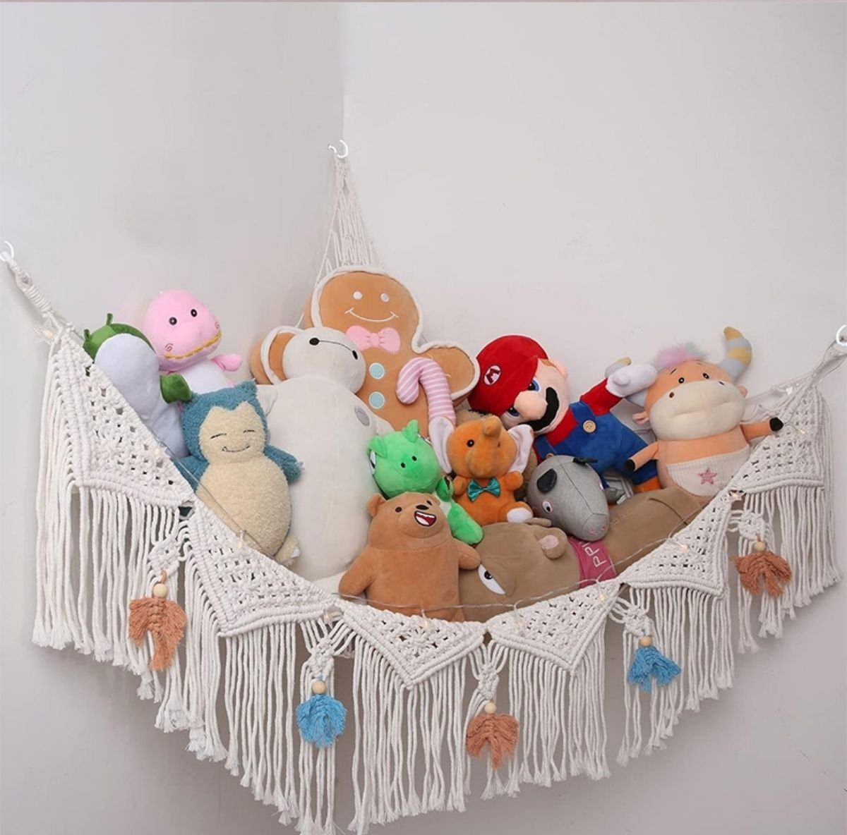 SOTOR Spielzeugtruhe Plüschtier Hängematte aus Baumwollseil und Spitze, Handgestricktes dreieckiges Spielzeugnetz