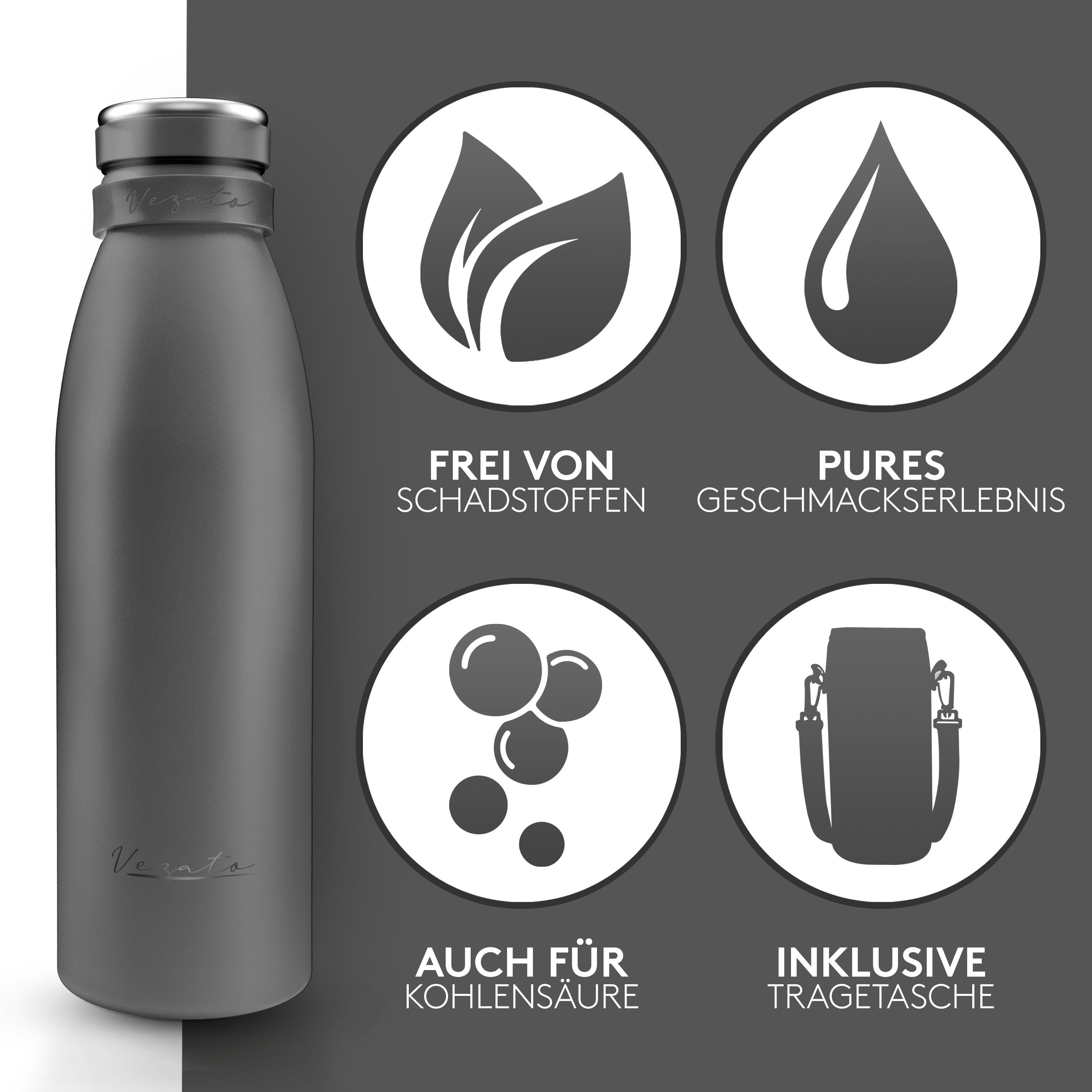 Vezato Trinkflasche Trinkflasche Edelstahl - BPA-freie Isolierflasche 500 ml, Edelstahl Tragegurt