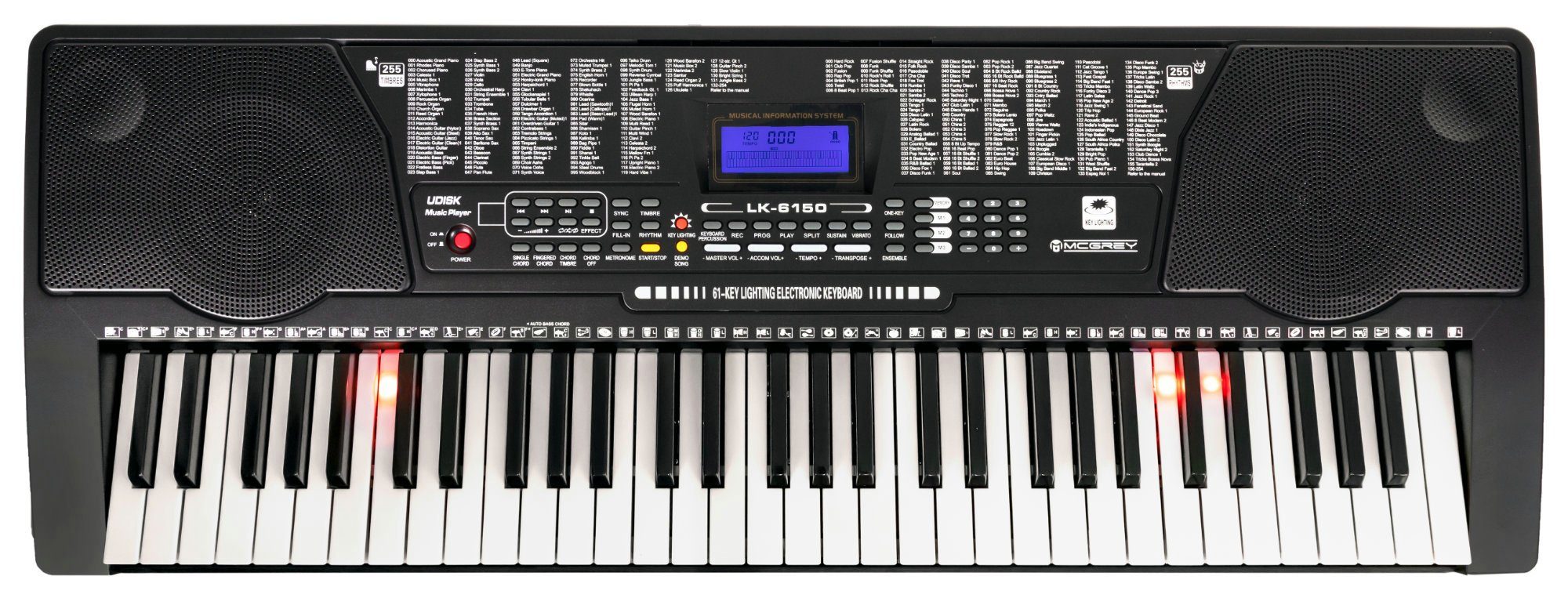 McGrey Home Keyboard LK-6150 - Einsteiger-Keyboard mit 61 Leuchttasten, (Spar-Set, 3 tlg., inkl. Ständer, Keyboardbank und Notenhalter), 255 Sounds und Rhythmen - integrierter MP3-Player & Lernfunktionen