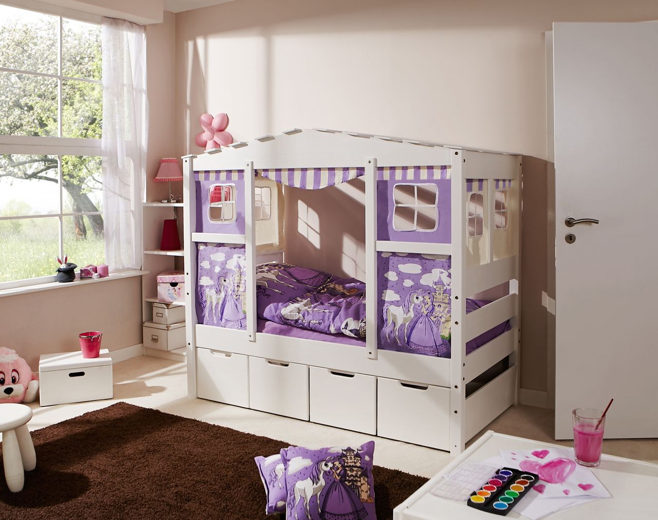 Ticaa Hausbett MINI Prinzessin Lila Var 1 - mit Zusatzbett - inkl. 2 Matratzen