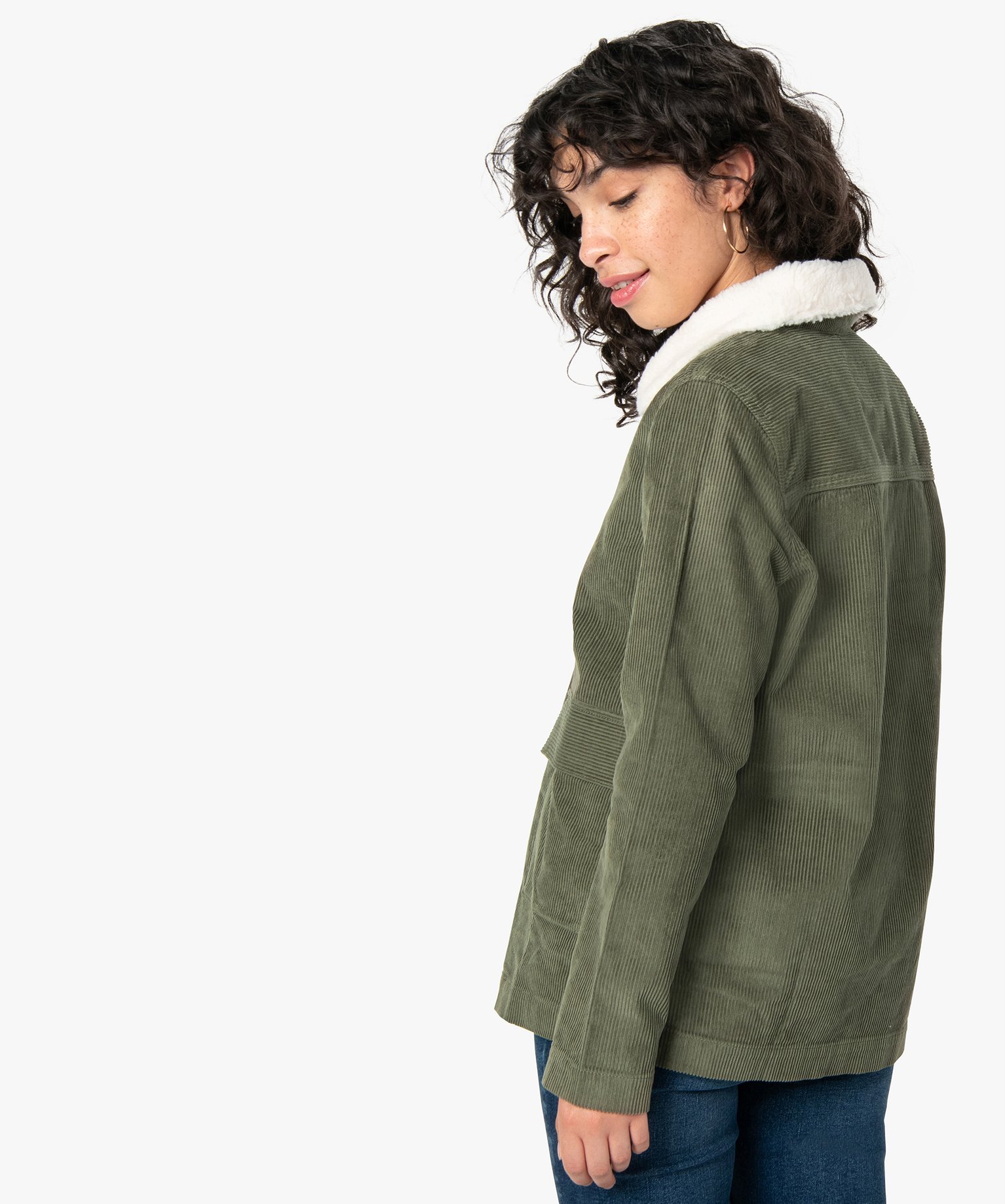Blouson femme en velours ctelé avec col amovible kaki | GEMO
