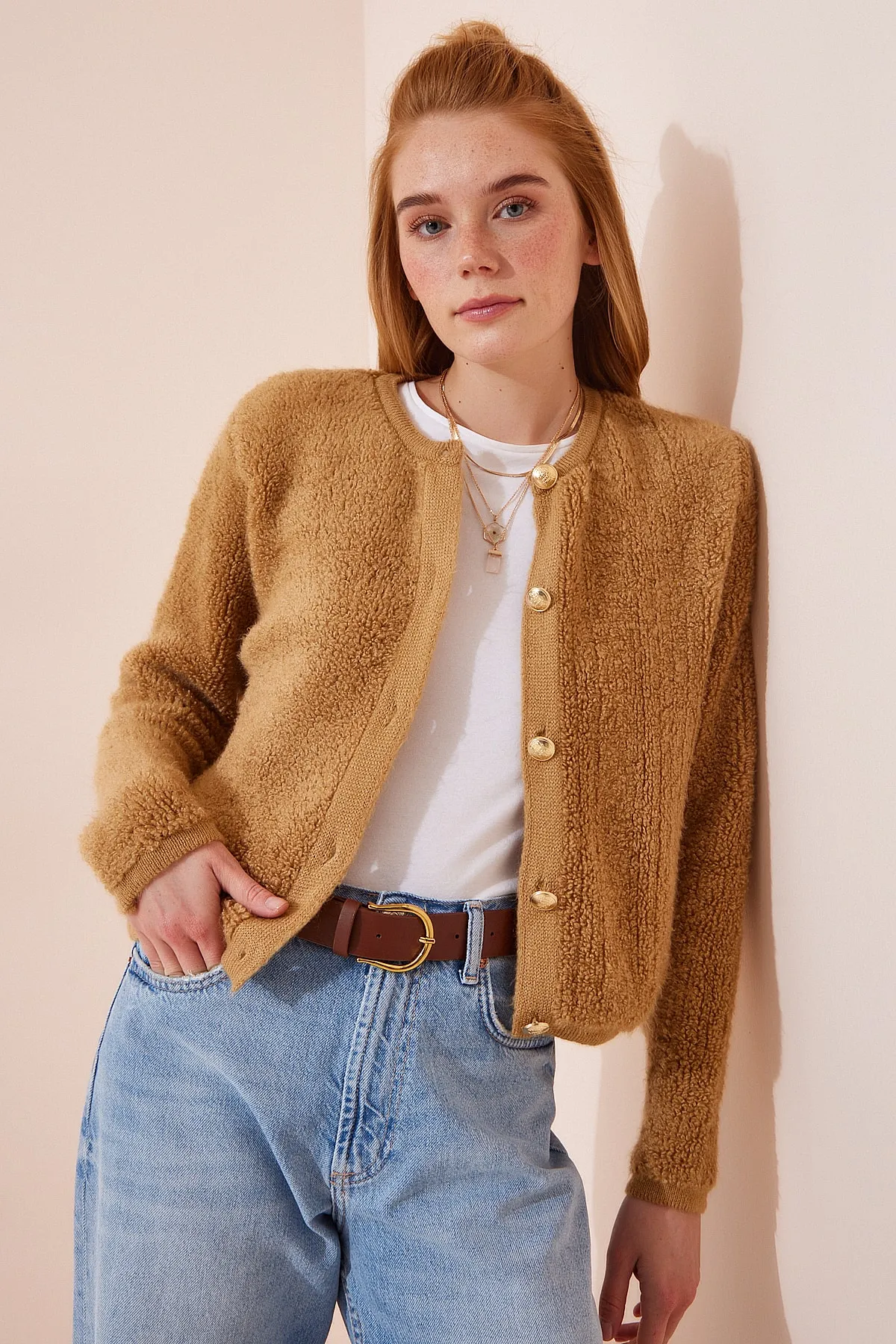 Happiness İstanbul  Damen Biscuit Bouclé Strickjacke Cardigan YY00117