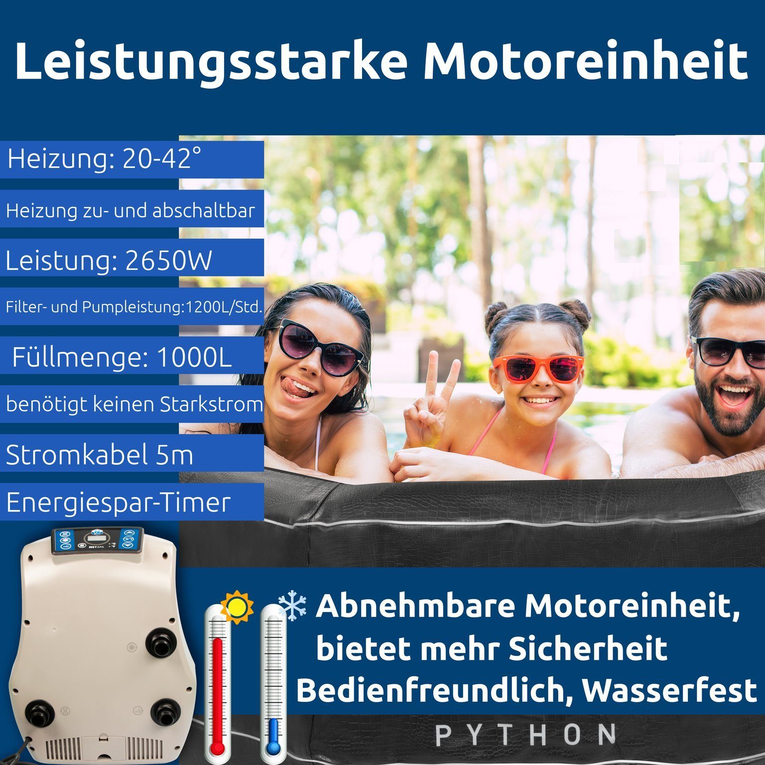 JUNG Whirlpool Python aufblasbarer Whirlpool Outdoor Set, beheizt, 5 Pers., Ø 185cm, (Sprudelbad 850L, 9-tlg., mit Filterkartusche), Winterfest Komplett Set, Spa Pool, Selbstaufblasend, Bubble Wellness