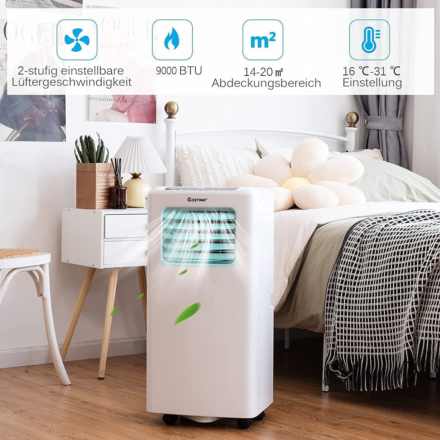 COSTWAY Klimagerät, 4in1, 9000BTU, 20m², Fernbedienung & 24H Timer