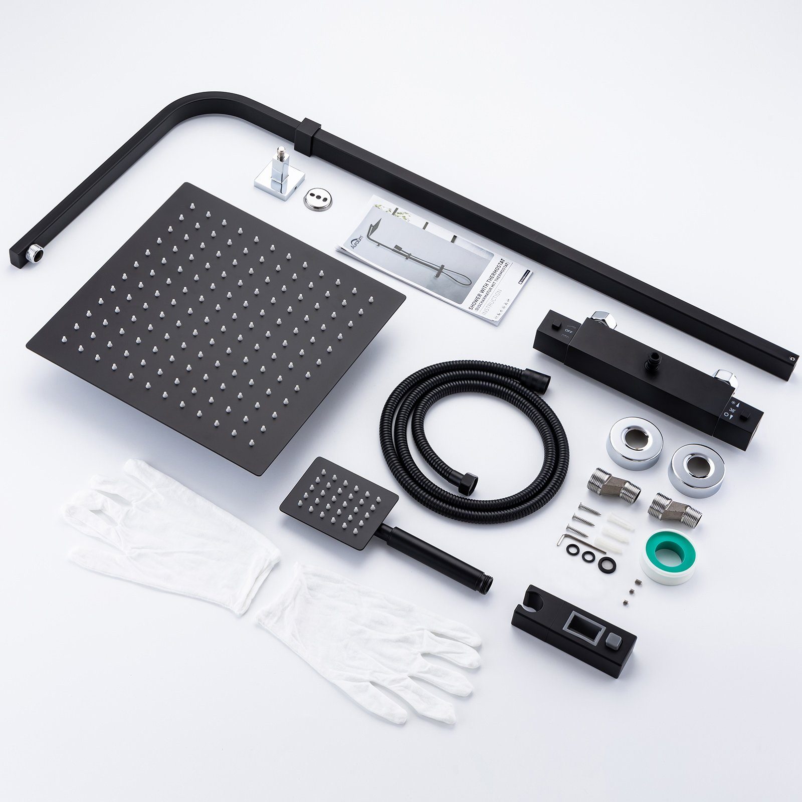 Auralum Duschsystem mit Thermostat Duscharmatur Regendusche Massage Duschset Handbrause, Regendusche Höhenverstellbar, Anti-Verbrühung-Duschsystem, Schwarz