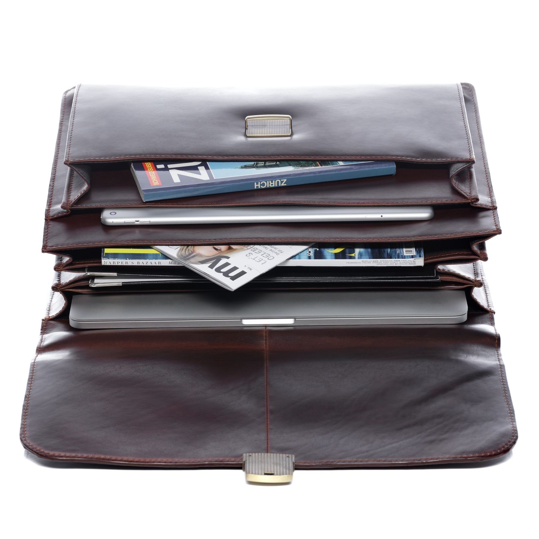 FEYNSINN Laptoptasche Leder Businesstasche Herren EMILIO, Laptoptasche 15,4 Zoll, Aktentasche Echtleder Herren braun-cognac
