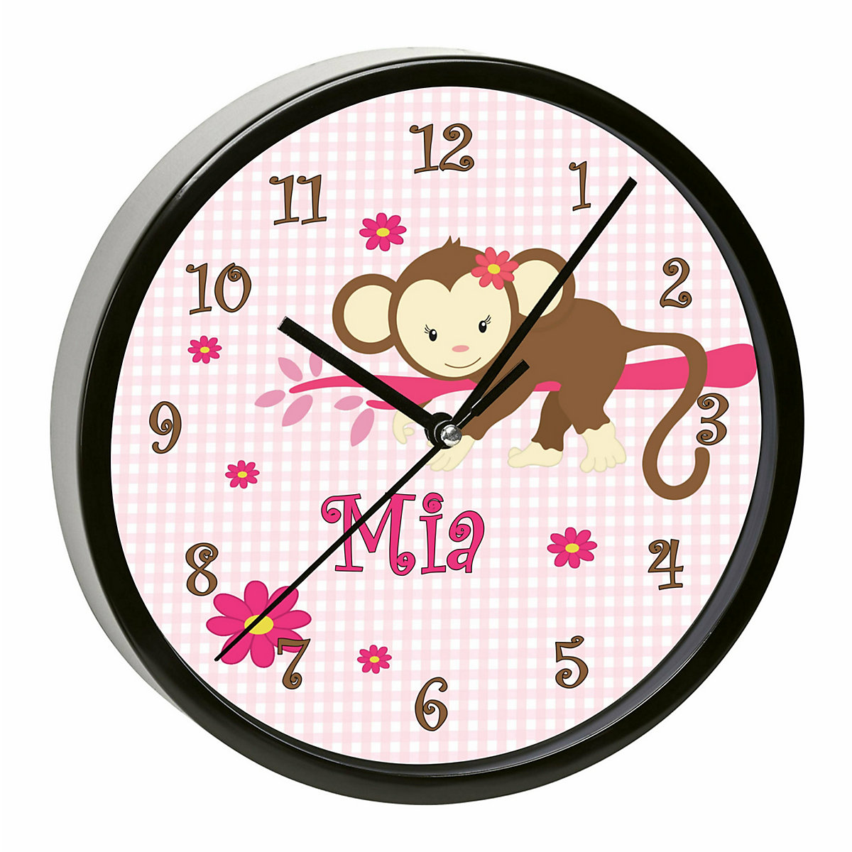 Kinder Wanduhr personalisiert mit Name Affe hängend Rosa