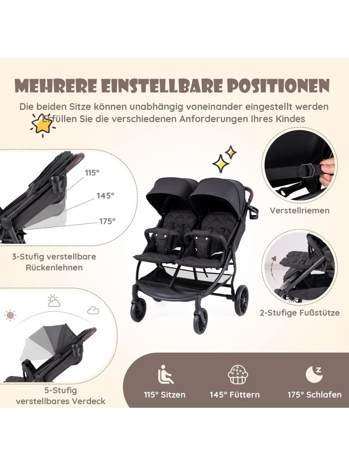 COSTWAY Geschwisterwagen Zwillingswagen klappbar bis 3 Jahre in Anthrazit günstig kaufen onesize