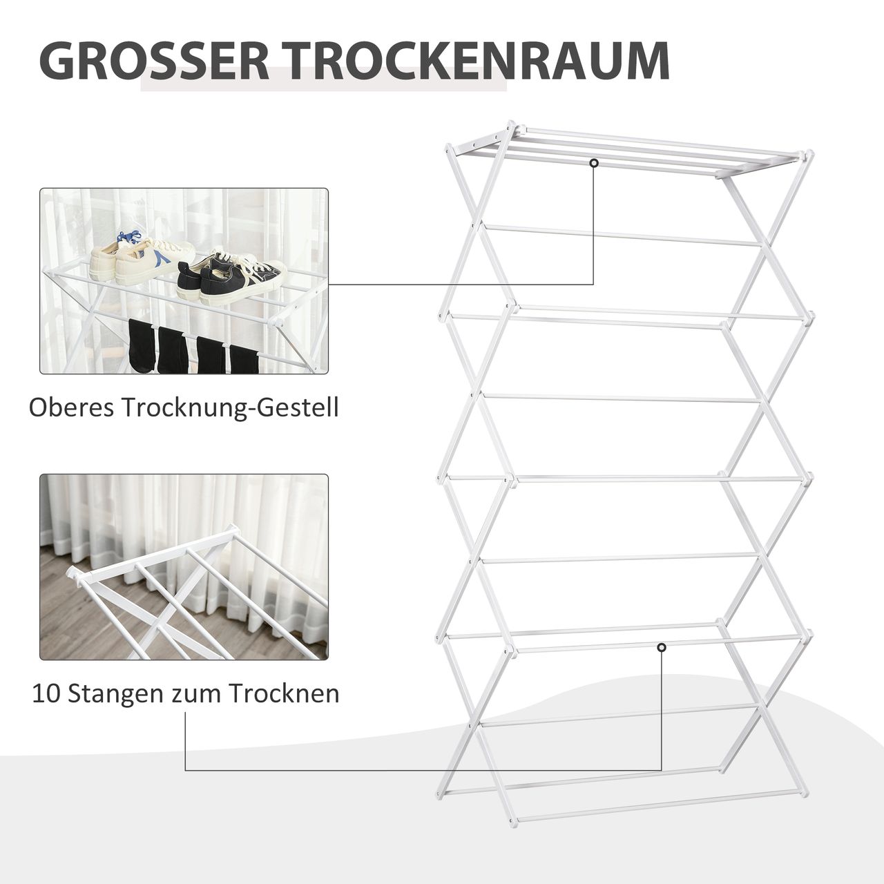 HOMCOM Wäscheständer faltbar 8-stufiger Trockengestell Trockenständer Metall Kunststoff Weiß 74 x 35 x 144 cm