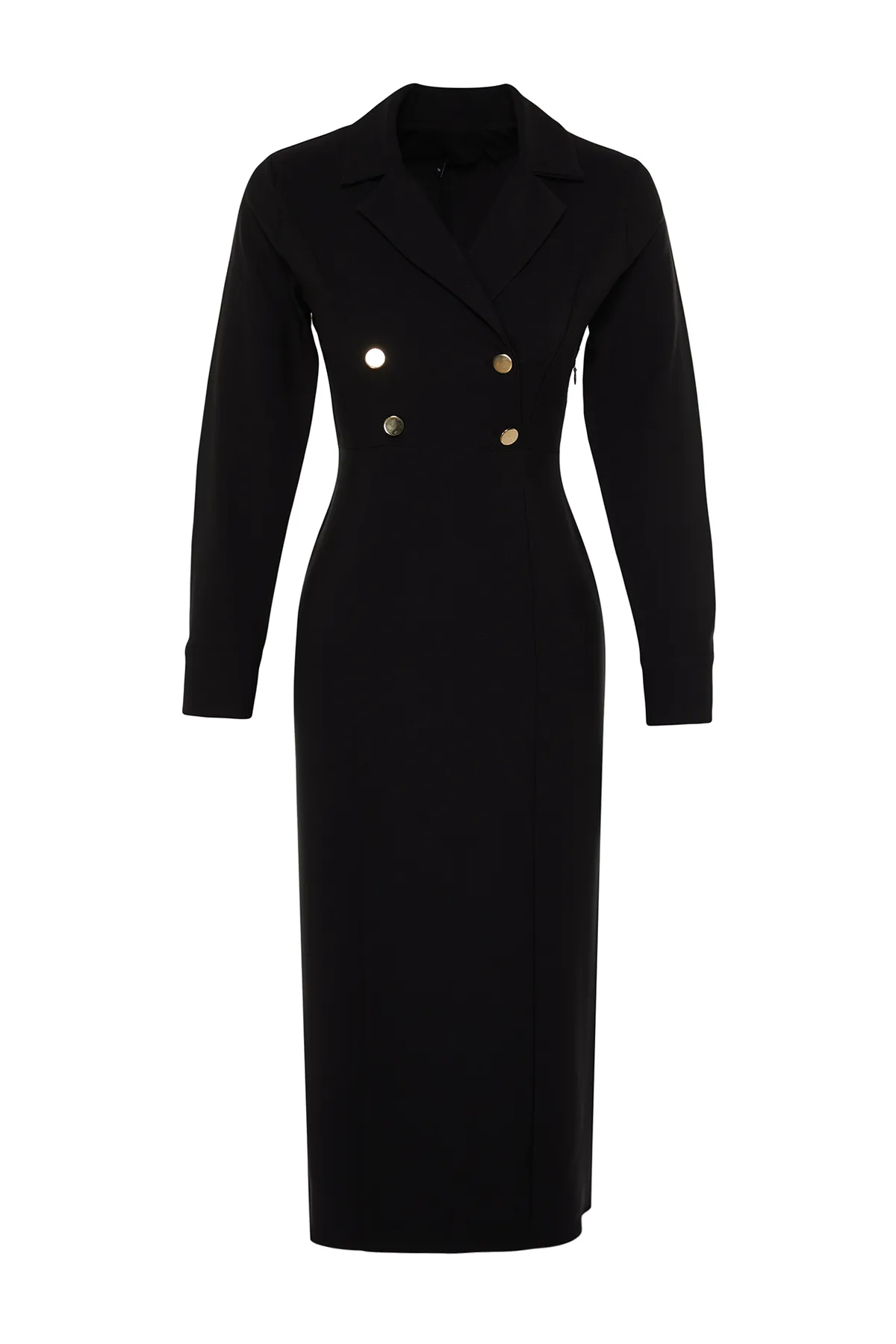 Trendyol Modest  Schwarzes, zweireihiges, gewebtes Kleid mit Kragen und Knöpfen TCTSS24EB00020
