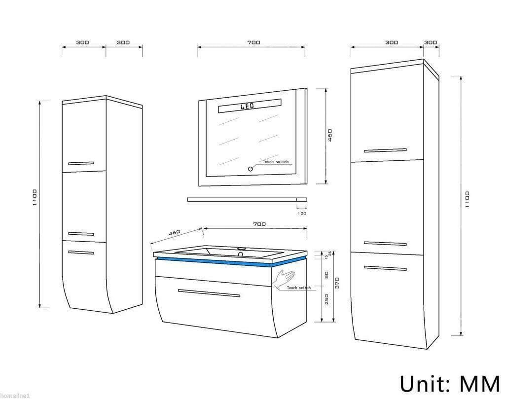 Homeline Badmöbel-Set Danny, (Badmöbel Set Ganz in Hochglanz Schwarz Badezimmermöbel Badmöbel Komplett Bad 70 cm Vormontiert 6 teilig., 6-St., 6-Teilig), Hochglanz Lackiert - Led Touch System-fertig Montiert