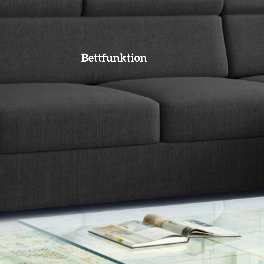 Möbel Punkt Ecksofa TOKIO Webstoff Anthrazit Schwarz mit Bett und Bettkasten Sofa Schlafsofa Wohnlandschaft Polstergarnitur
