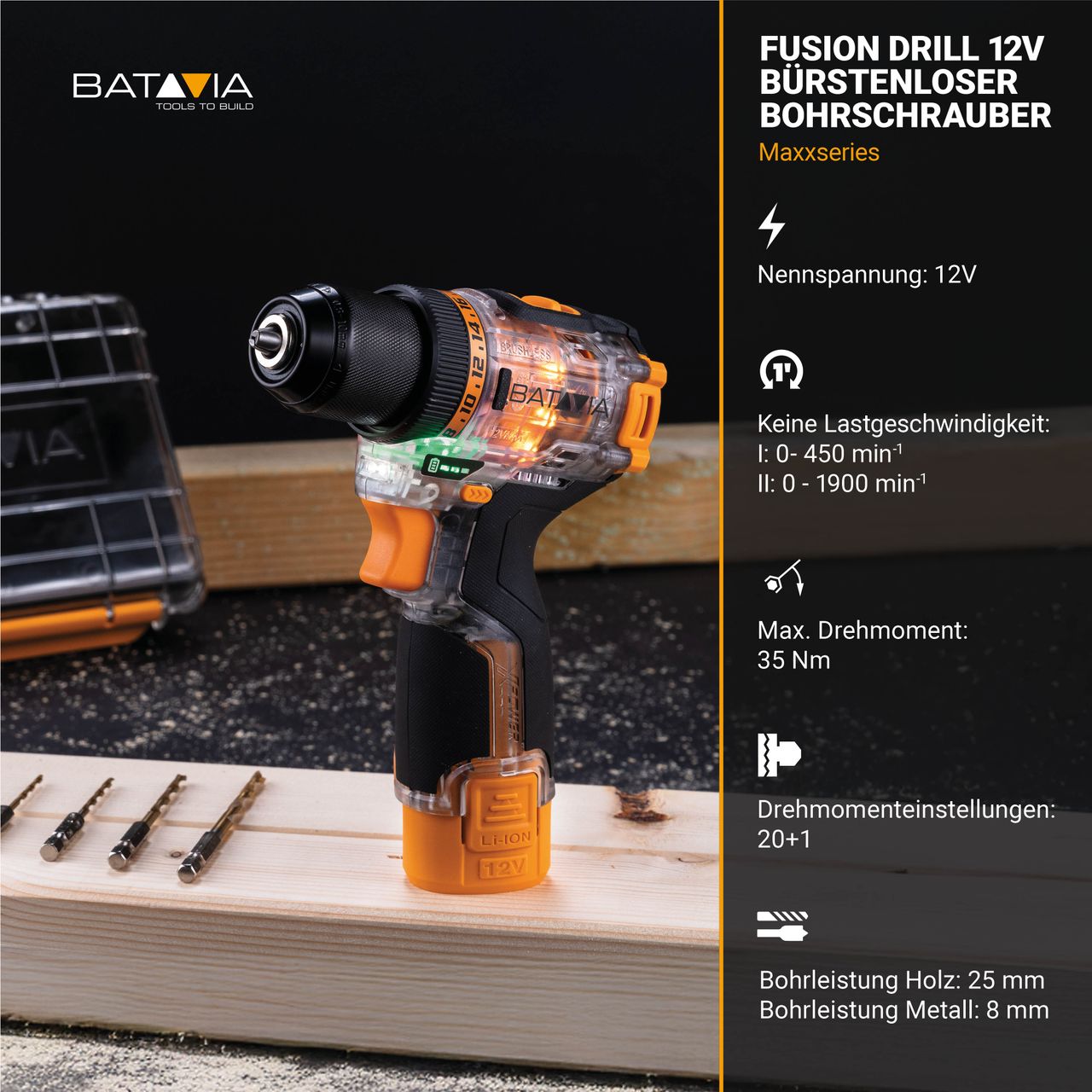 Batavia Batavia Fusion Drill 12V Brushless Akku-Bohrschrauber - Set inkl. Akku und Ladegerät