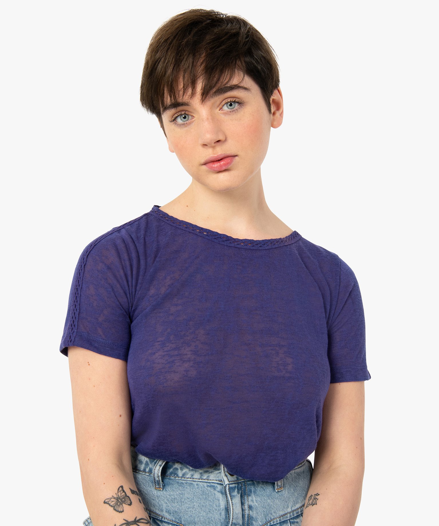 Tee-shirt femme à manches courtes en maille fine bleu fonce | GEMO