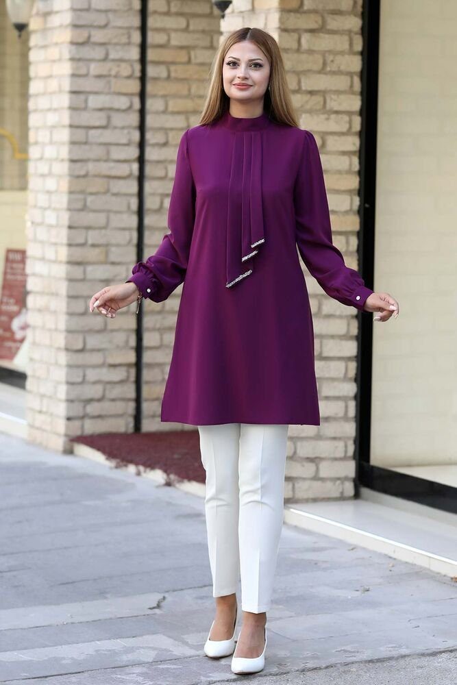 Modavitrini Longtunika Damen Tunika Hijab Mode lange Tunika Modest Fashion Krawatten Detail