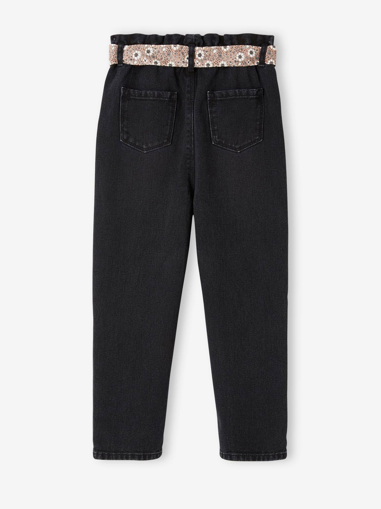 Jean style paperbag et sa ceinture fleurie fille denim black
