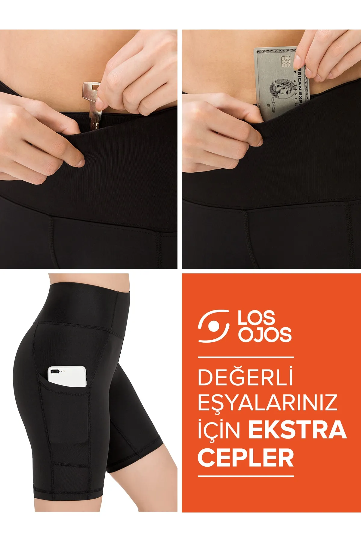 LOS OJOS  Schwarze Damen-Sportstrumpfhose mit hoher Taille, glättenden Biker-Shorts mit zwei Taschen und kurzen Sportstrumpfhosen