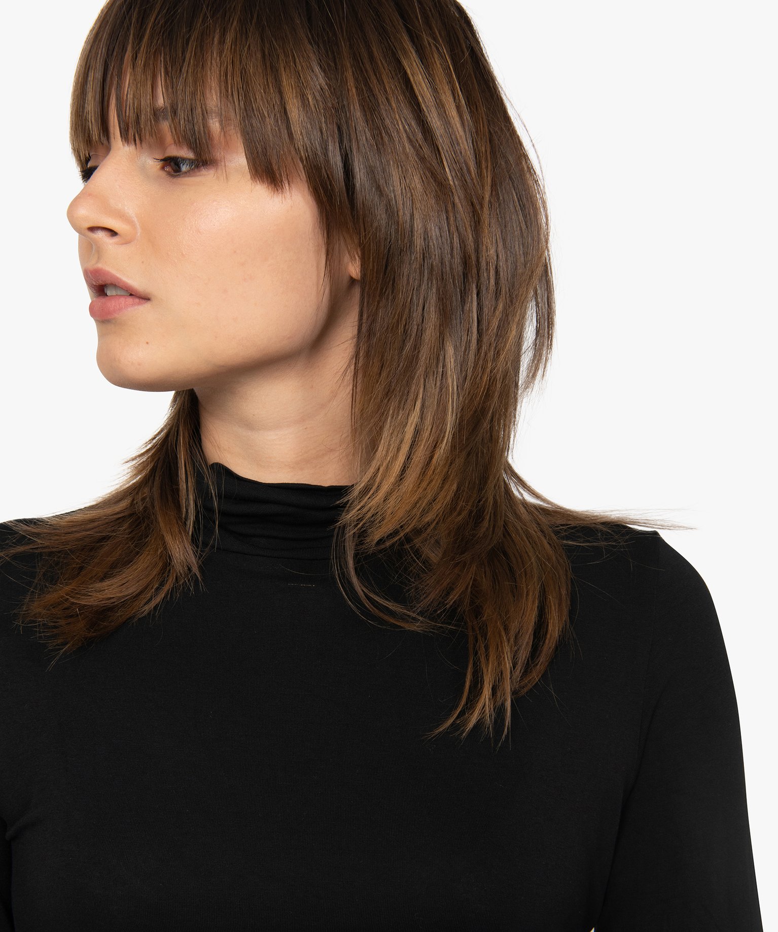 Tee-shirt femme uni avec col roulé et manches longues noir | GEMO