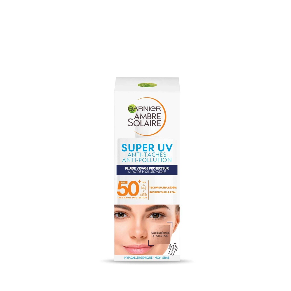 garnier Ambre Solaire Super UV Visage Fluide protecteur à l'acide hyaluronique FPS 50+ anti-taches anti-pollution