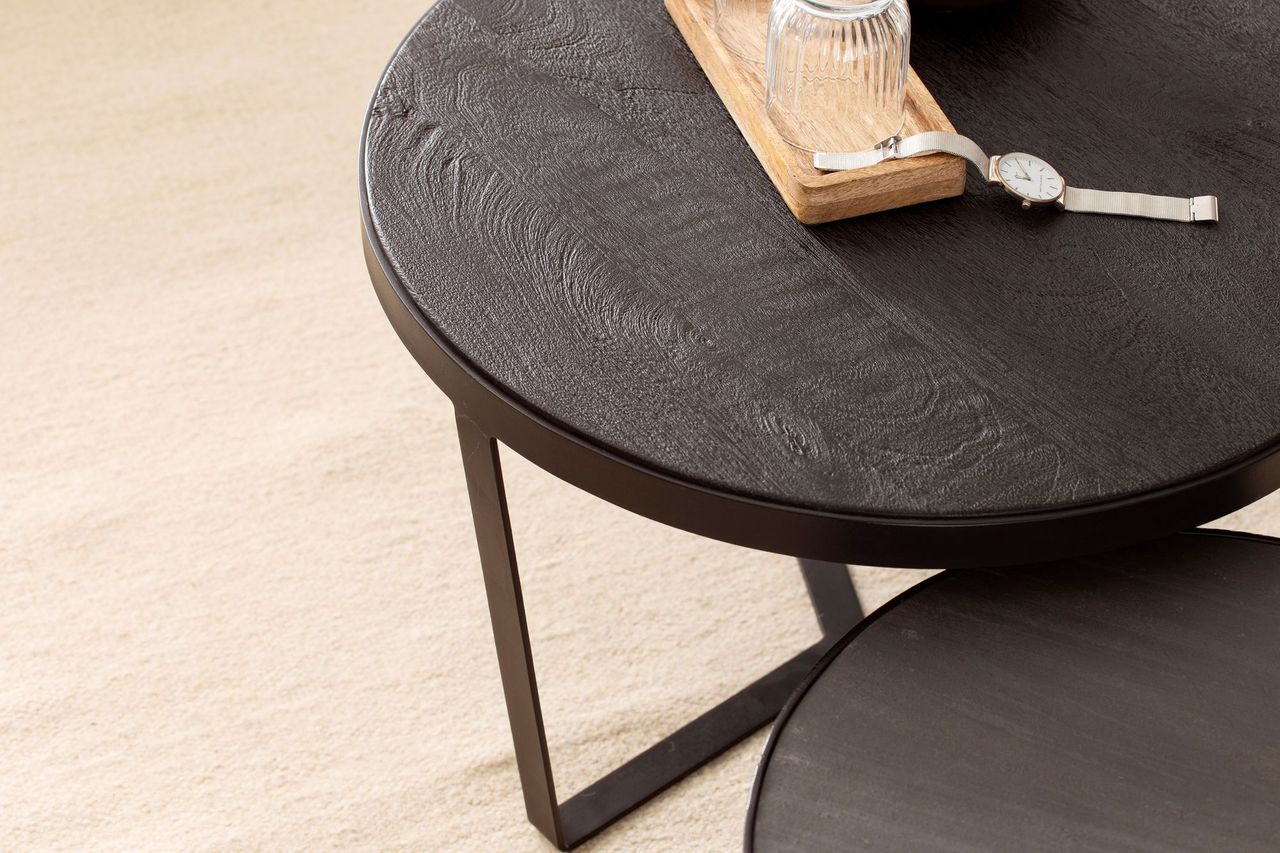 Wohnling Couchtisch 2er Set Rund Holz / Steinoptik Wohnzimmertisch Satztisch