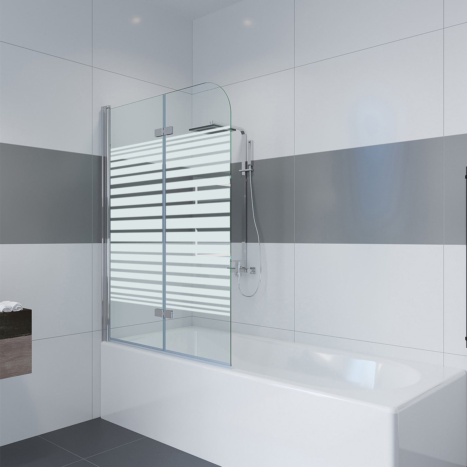 IMPTS Badewannenaufsatz Duschwand für Badewanne, Glas Alu, (2 tlg., 2 TLG), Duschabtrennung für Badewanne, inkl. Nano-Beschichtung Badewannenfaltwand, Dekor Querstreifen, Badewannenaufsatz