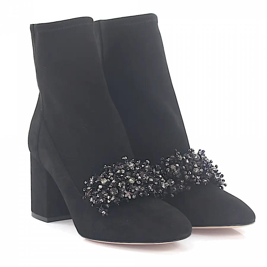 Elie Saab - Stiefeletten Kalbsleder Stretch Veloursleder Schmuckstein schwarz - schwarz
