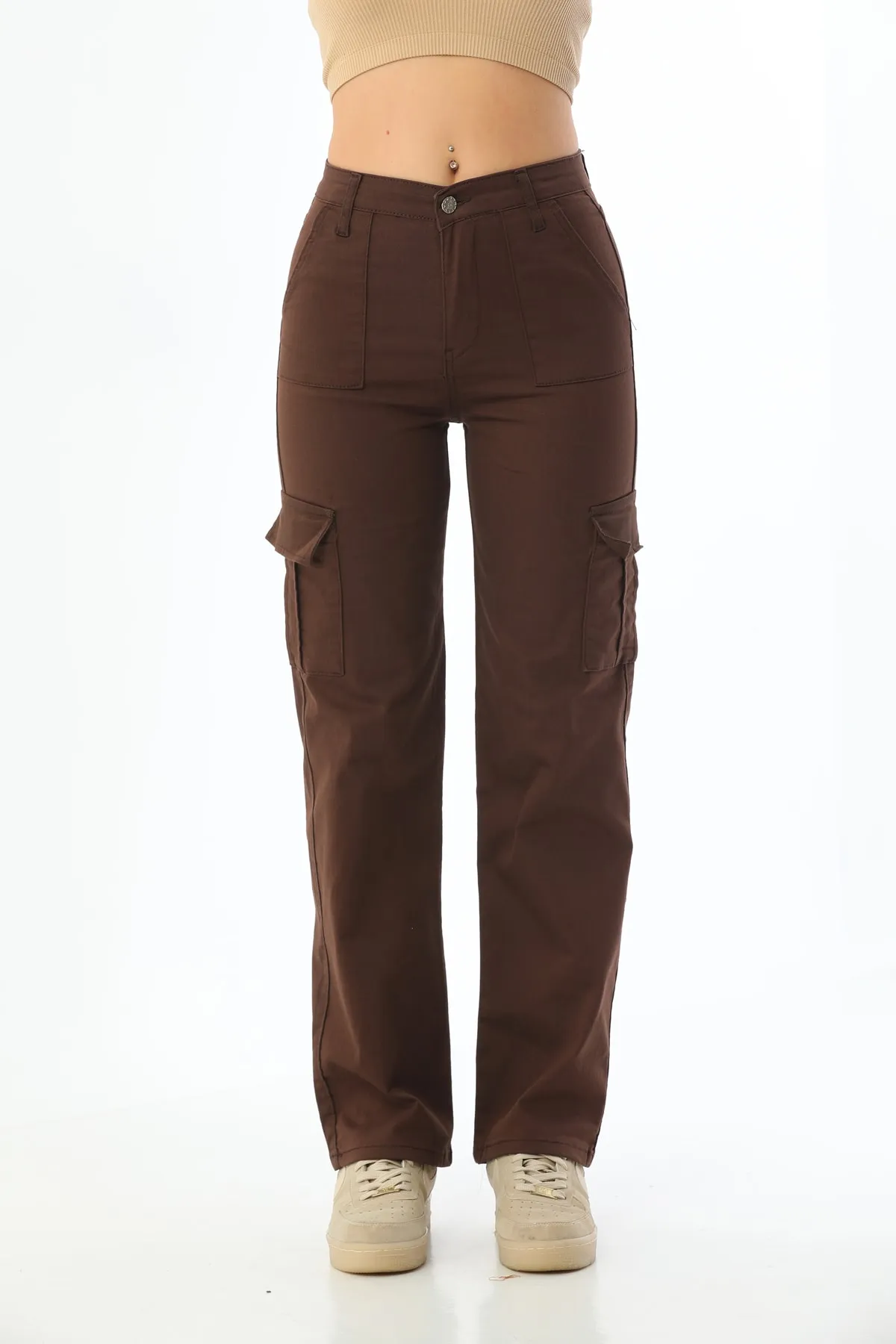 BİKELİFE  Braune Cargo-Hose aus Lycra mit hoher Taille und weitem Bein und Tasche