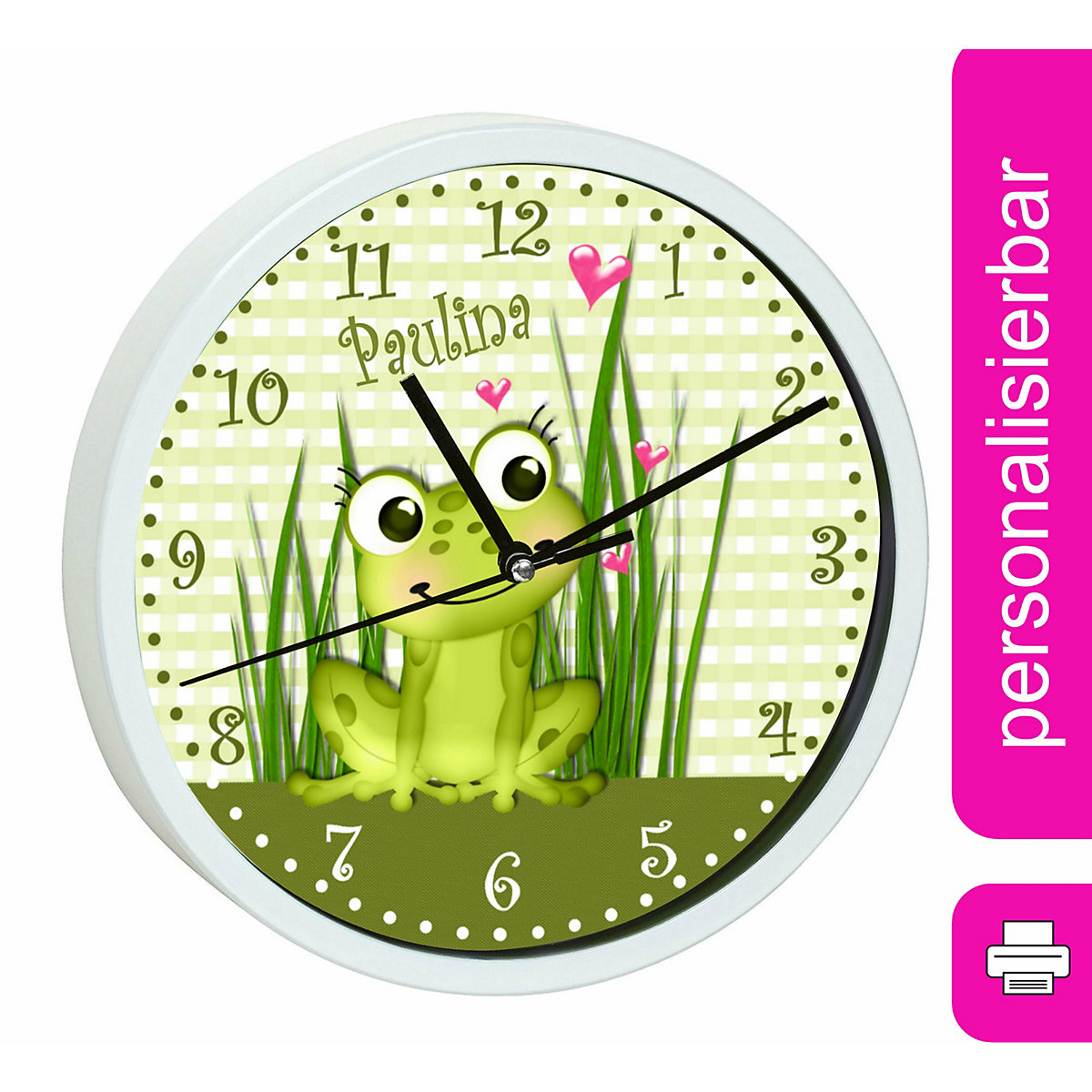 Kinder Wanduhr personalisiert mit Name Frosch-Graß-Karo