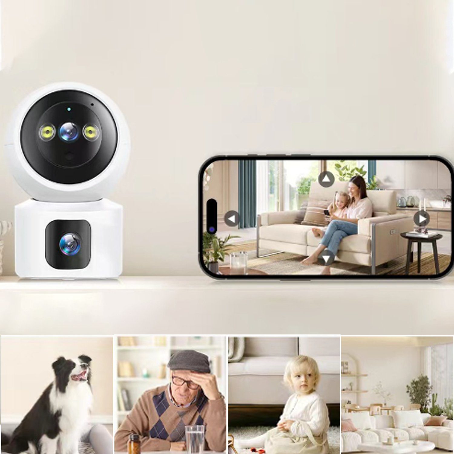 Kpaloft 355°-WLAN Überwachungskamera (für den Innenbereich, FHD 1080P Dual-Kamera, 90° verstellbar, Nachtsicht, Bewegungserkennung, APP, Zwei-Wege-Audio, Ton- und Lichtwarnung, für Babys/Haustiere)