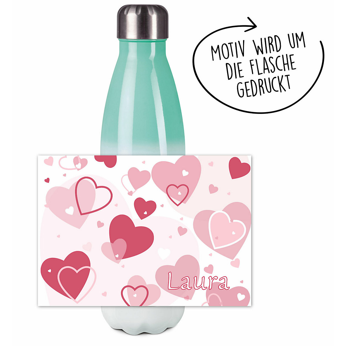 Edelstahl Kinder Thermoflasche / Trinkflasche bunt Herz Farbe rosa Spülmaschinenfest, Auslaufsicher, Bruchfest, Doppelwandig, Für Heißgetränke geeignet, Mit Deckel, Isoliert