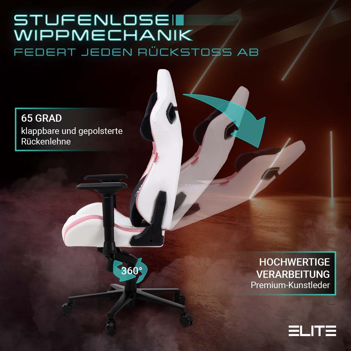 ELITE Gaming Gaming-Stuhl verstellbarer Profi Gamingstuhl ELITE Mercenary inkl. 4D-Armstützen (Drehstuhl inkl. Kopf- und Lendenwirkbelkissen (Alcantara-Optik), bis 150 kg, klappbare Rückenlehne - bis zu 135° neigbar, Home Office geeignet, Sicherheits