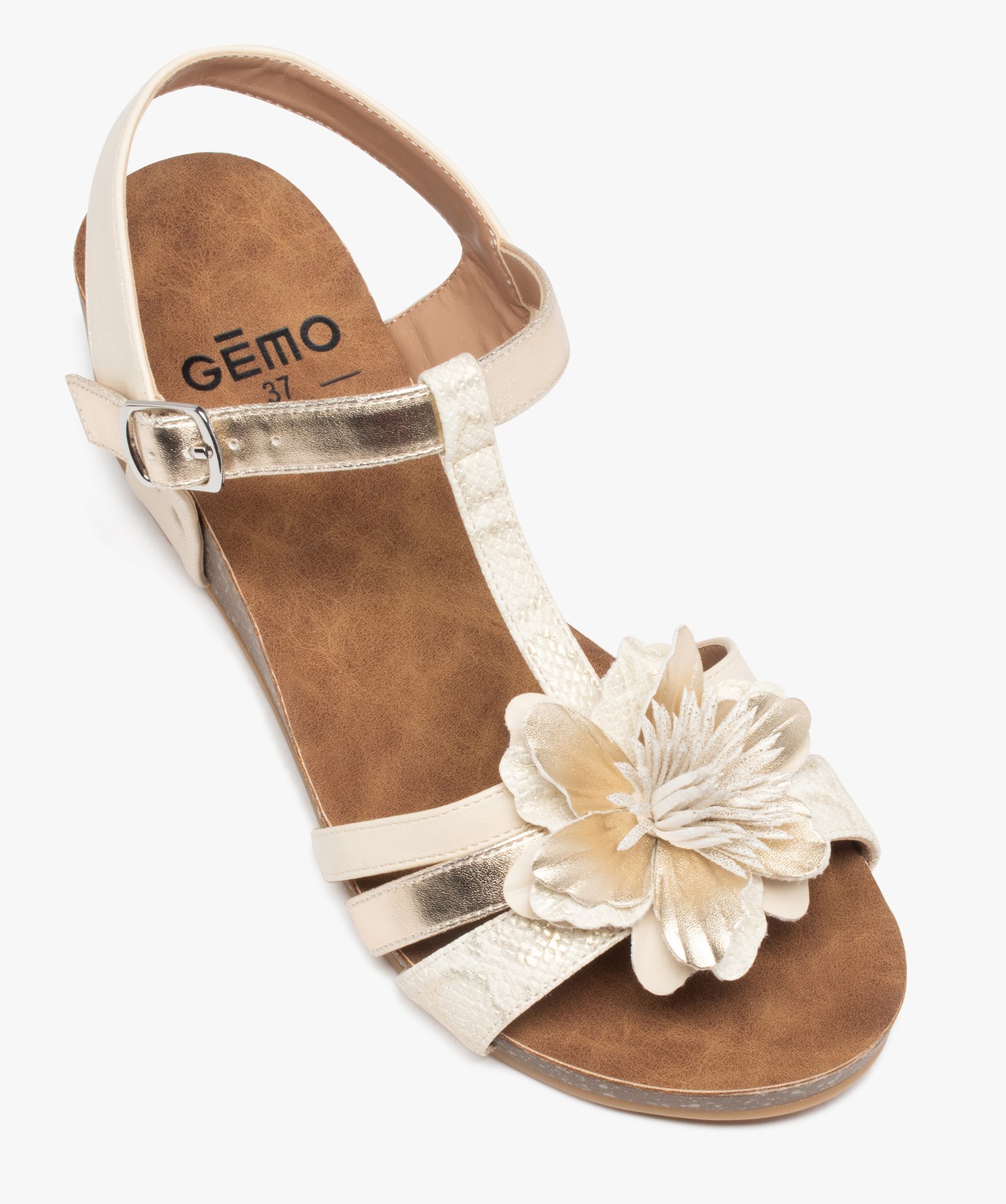 Sandales femme compensées avec fleur en relief beige | GEMO