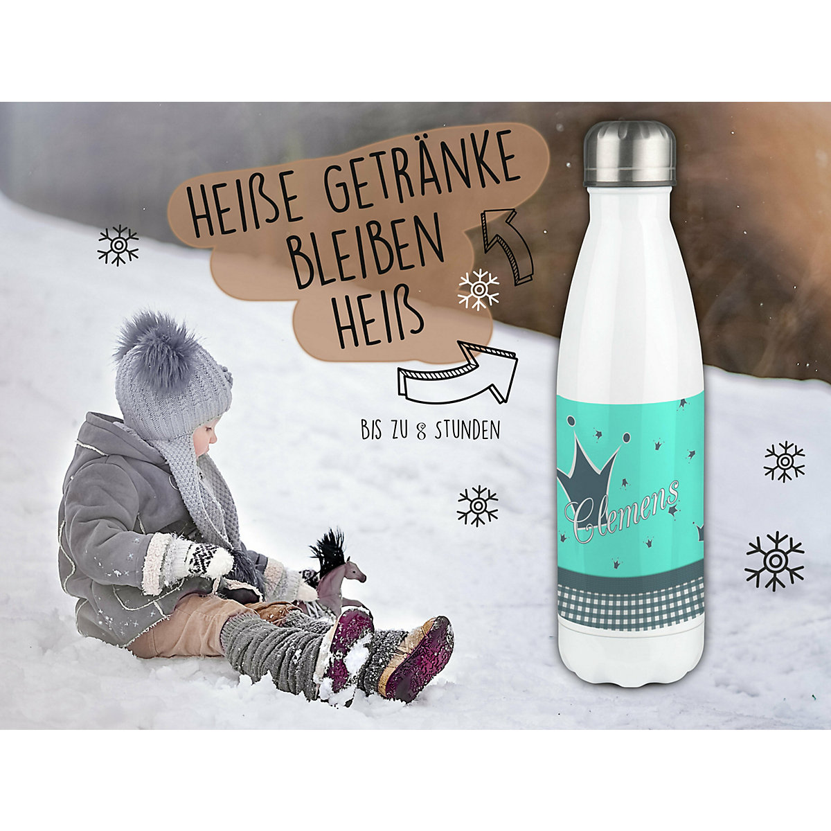 Edelstahl Kinder Thermoflasche / Trinkflasche bunt Krone Farbe türkis grau Spülmaschinenfest, Auslaufsicher, Bruchfest, Doppelwandig, Für Heißgetränke geeignet, Mit Deckel, Isoliert