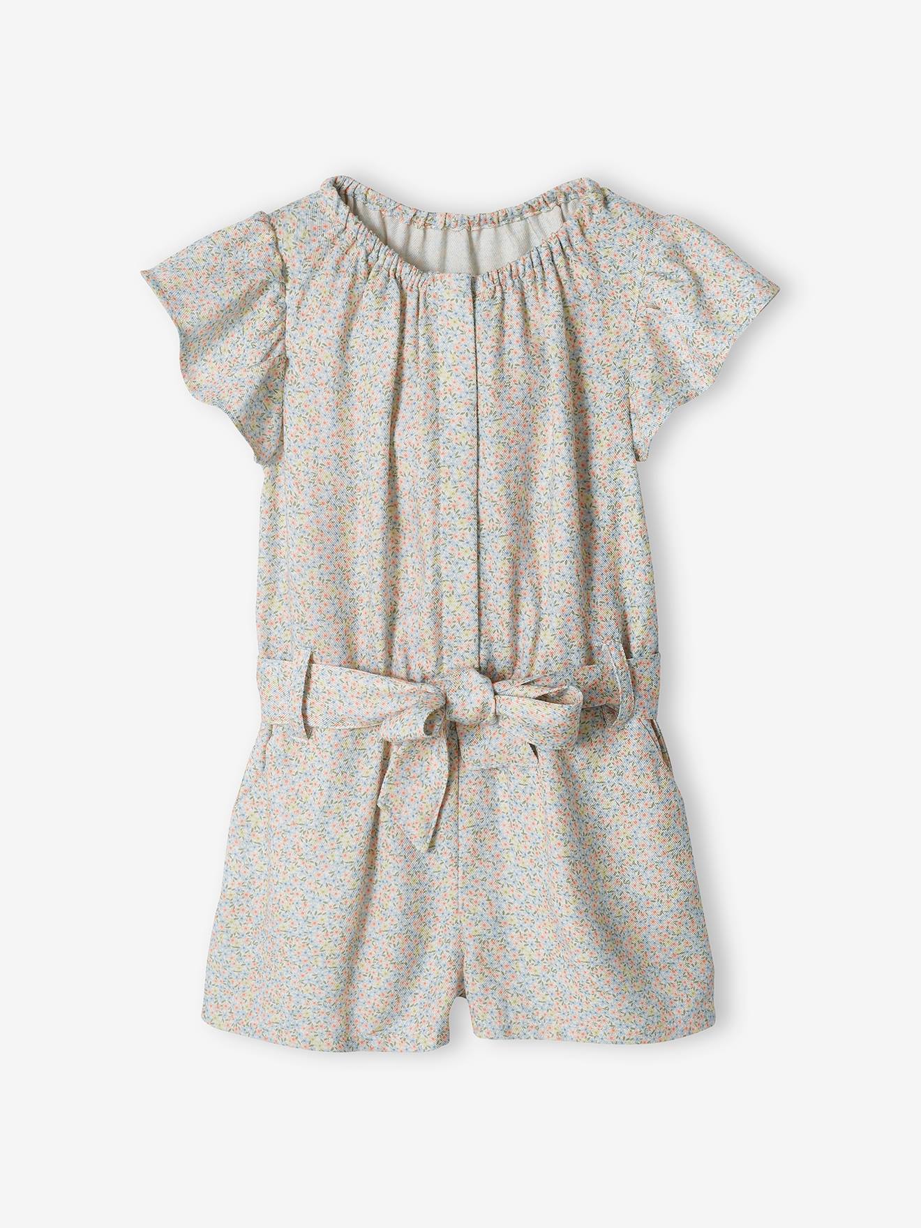 Combi-short fille beige imprimé fleurs roses