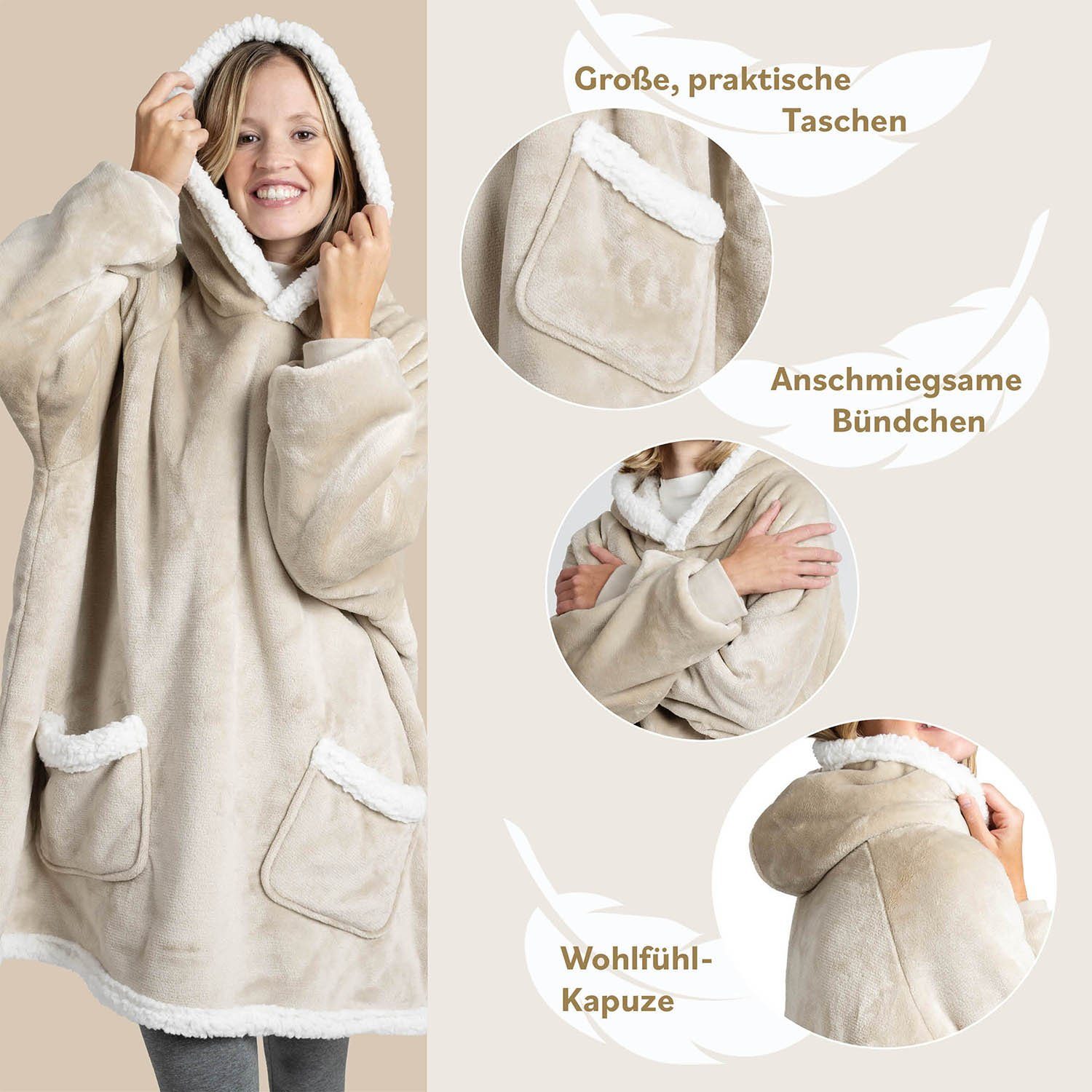 Wohndecke Blumtal Hoodie Decke mit Ärmeln und Kapuze - tragbare Decke mit Ärmeln, Blumtal, Kuscheldecke mit 2 Fronttaschen für maximale Bewegungsfreiheit