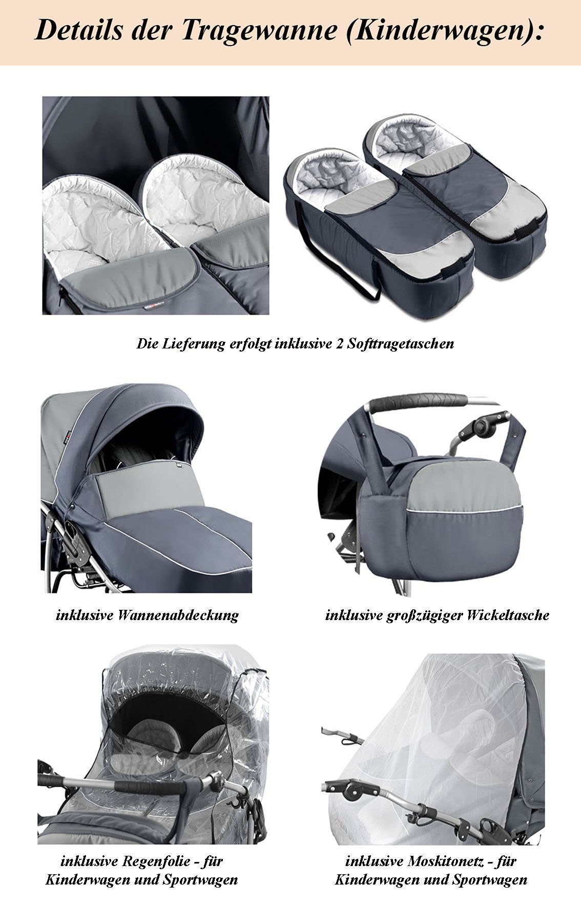 Elcar Zwillings-Kombikinderwagen Zwillingskinderwagen 3 in 1 Duet - 15 Teile - in 20 Farben