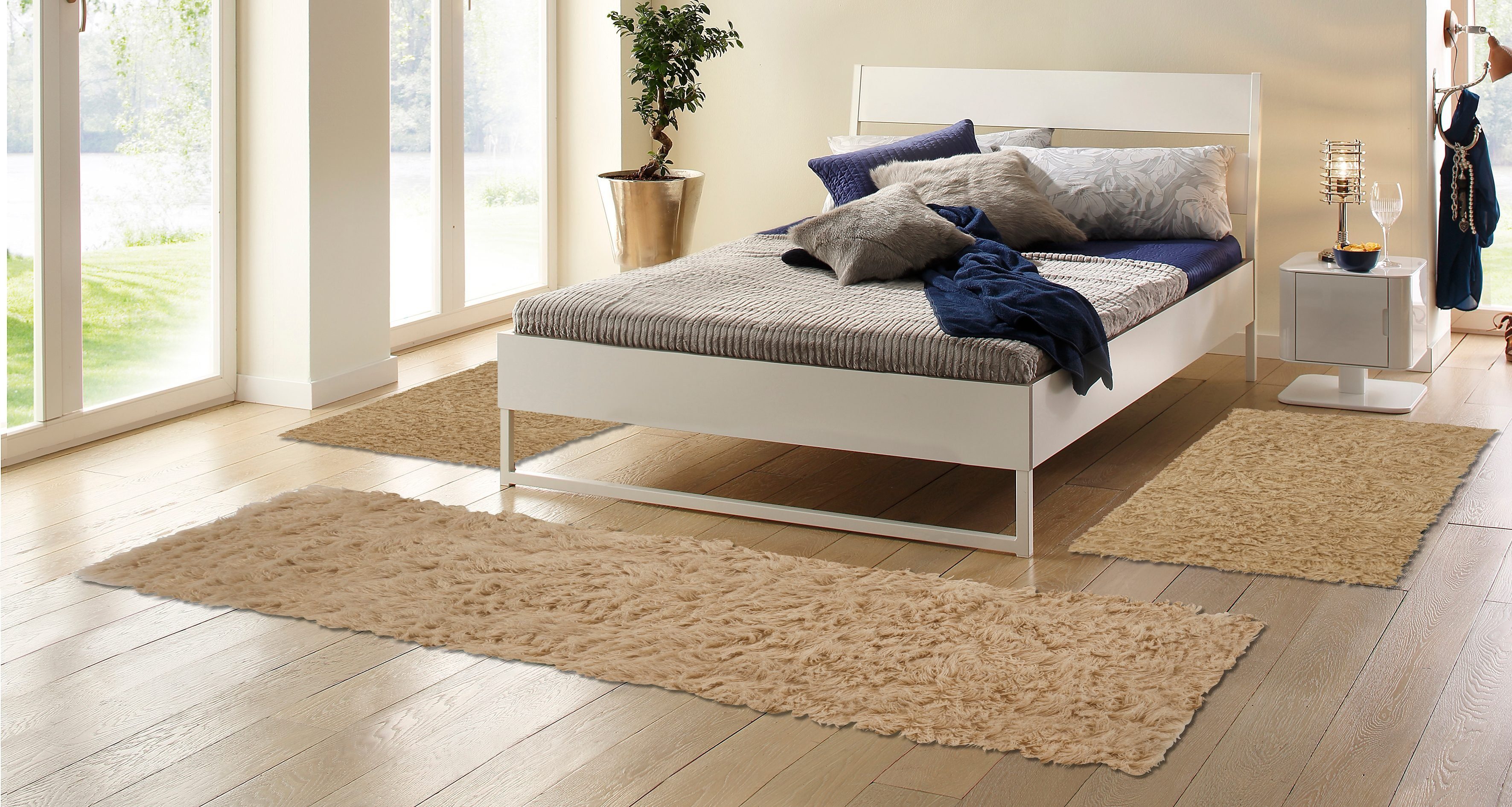 Bettumrandung Flokati 1500 g Böing Carpet, Höhe 60 mm, (3-tlg), Bettvorleger, Läufer-Set, Uni-Farben, reine Wolle, handgewebt
