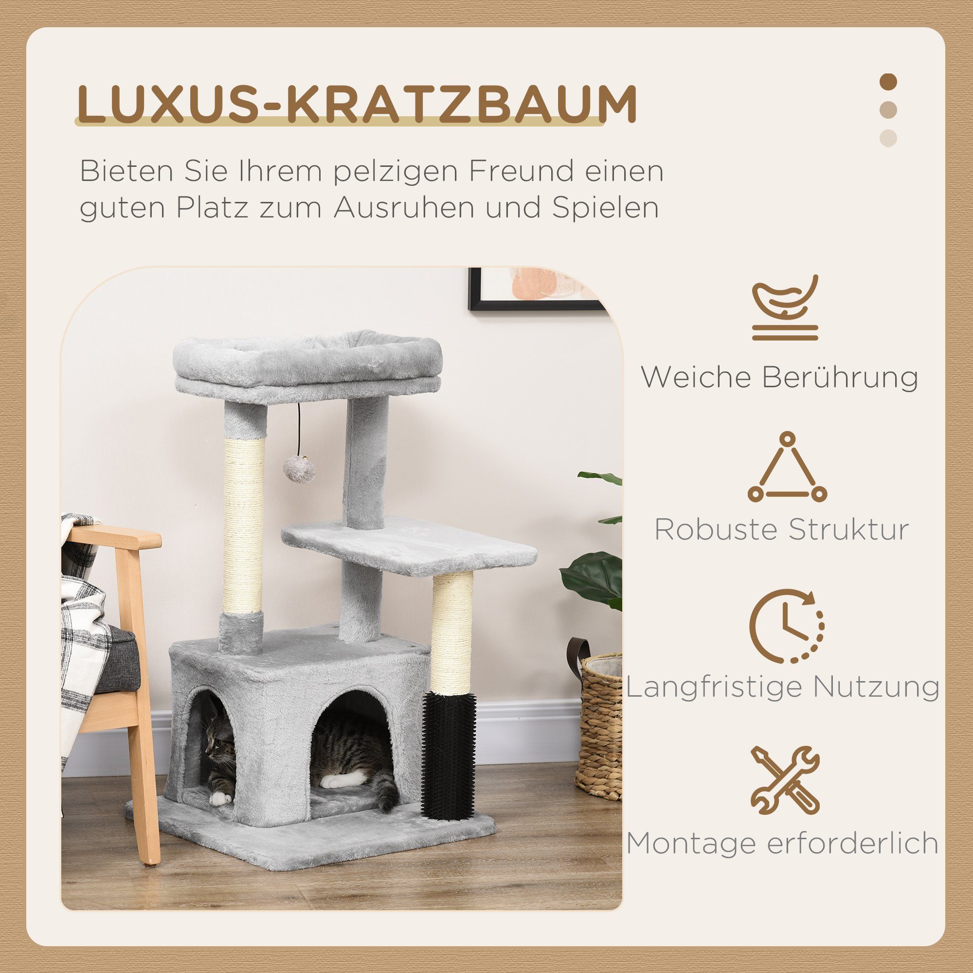 PawHut Kratzbaum Katzenbaum mit Massageecke Katzenhöhle Katzenkratzbaum Hellgrau, 48L x 48B x 85H cm
