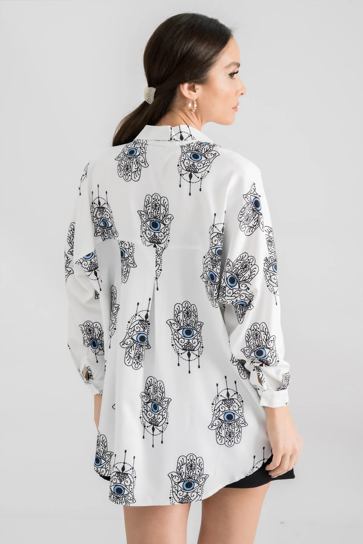 armonika  Hellblaues gemustertes Oversize Long Basic Shirt für Damen ARM-22Y001148