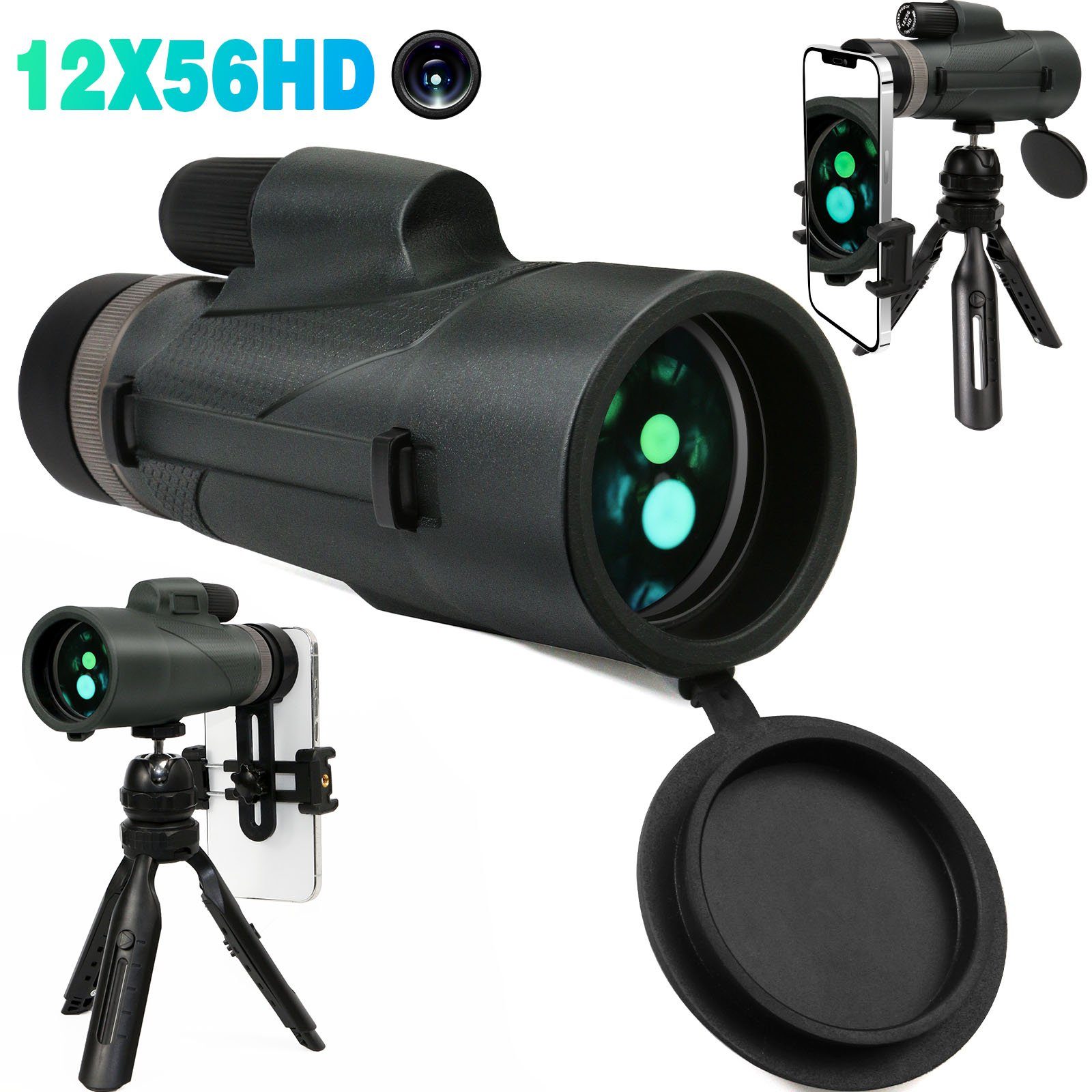iceagle Linsenteleskop Monokular Teleskop mit Stativ und Handyhalterung, 12x56 HD