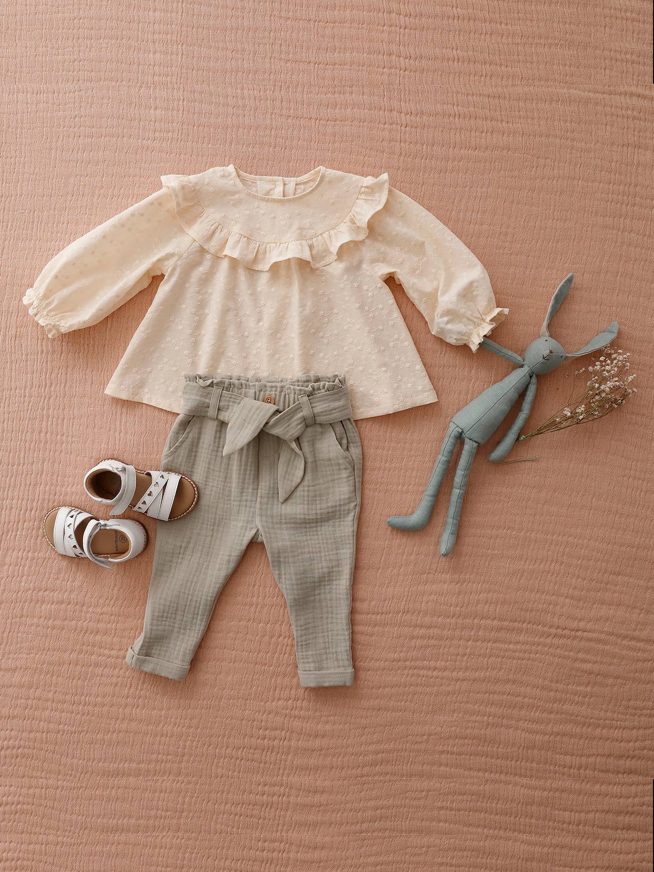 Pantalon paperbag bébé en gaze de coton vert de gris