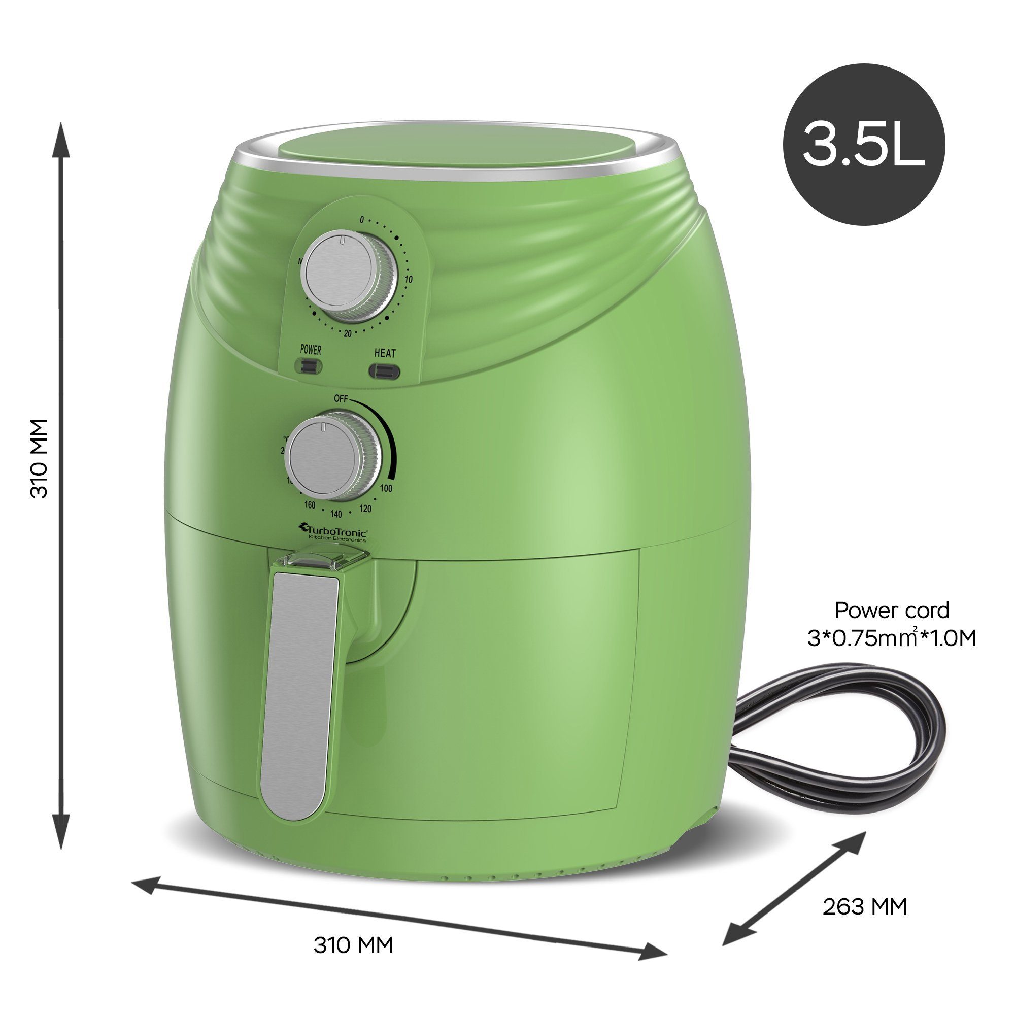 TurboTronic by Z-Line Heißluftfritteuse 3,5 Liter, stufenlose Fritteuse Fettfrei ohne Öl, 50°C - 200°C Power, 1200 W, Camping Retro Airfryer AF11M