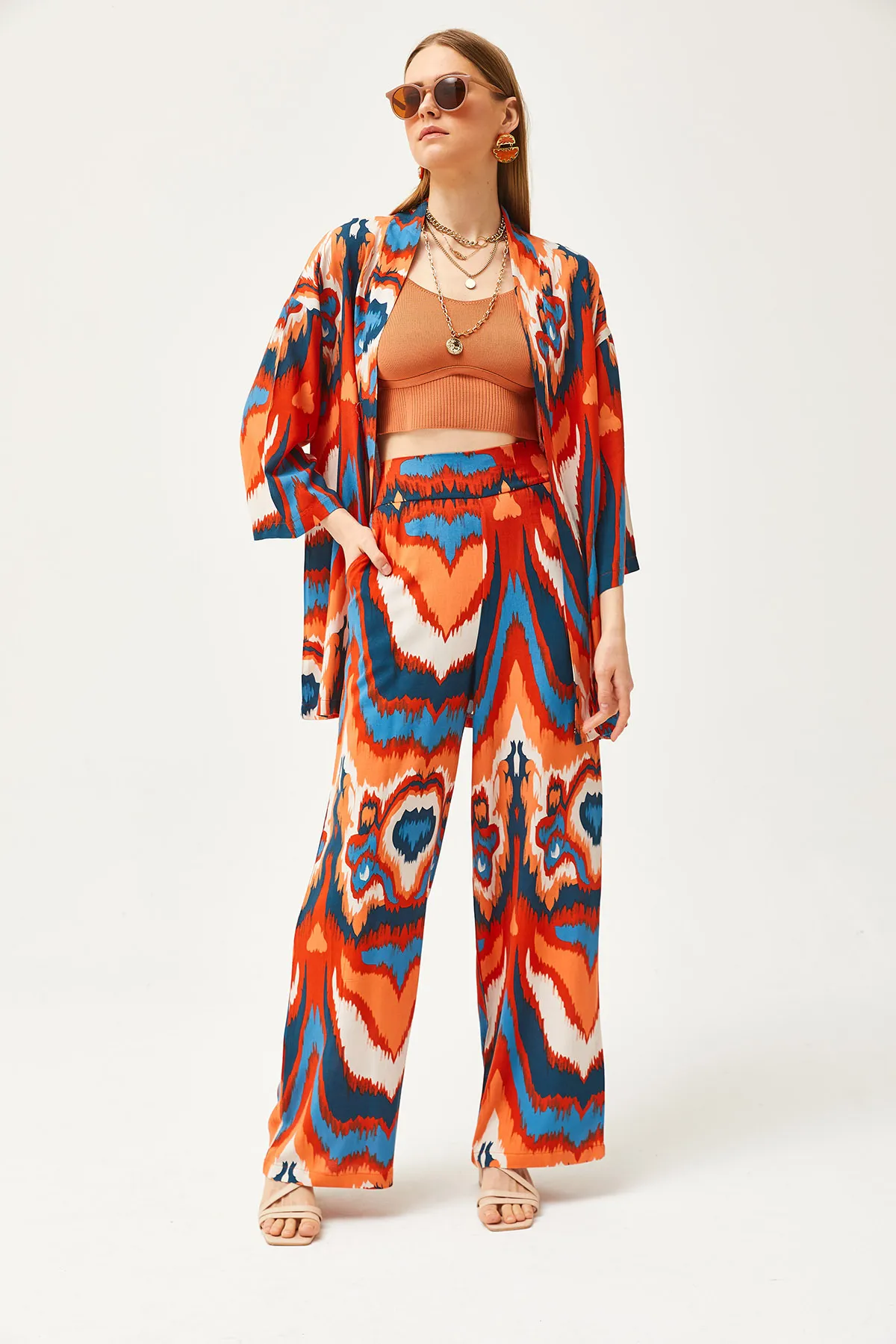 Olalook  Damen Orange Blau Oberteil Kimono Unterteil Taschenhose Set TKM-19000276