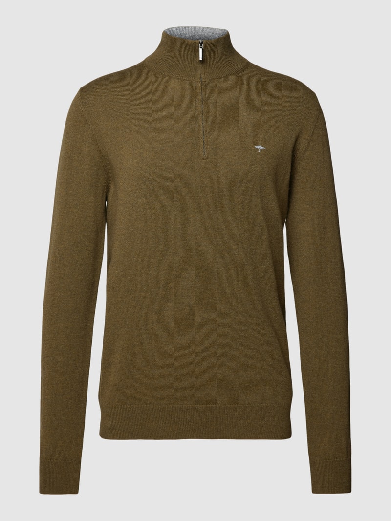 Strickpullover mit Stehkragen in dunkelgrün meliert