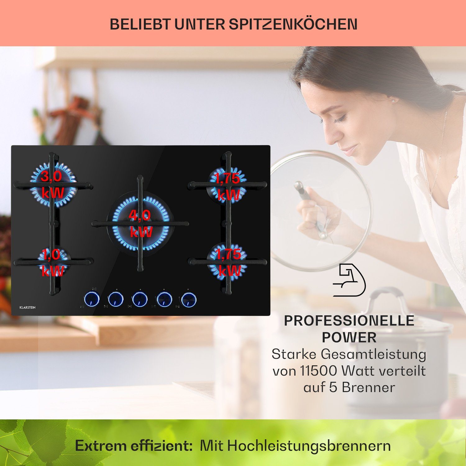 Klarstein Gas-Kochfeld Illuminosa 5 Gaskochfeld 5-flammig Sabaf-Brenner Glaskeramik CGCH6-Illuminosa-5, Gaskochfeld 5 flammen flammig Brenner Kochfeld