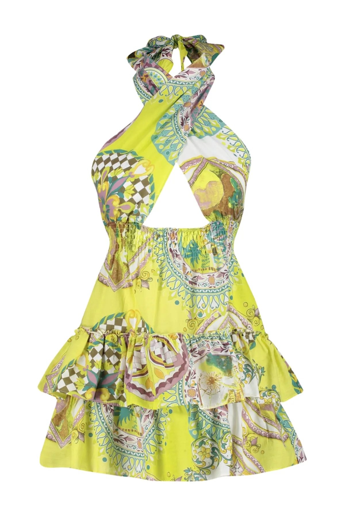 Trendyol Collection  Gemustertes Mini-Strandkleid aus 100 % Baumwolle mit gewebten Rüschen TBESS23EL00247