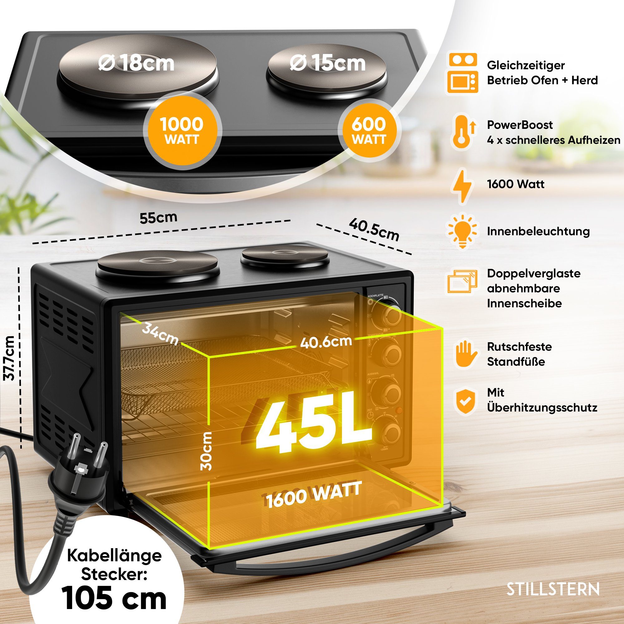 Stillstern Minibackofen MB45-KP 2G, Minibackofen mit Kochplatten und Umluft (45L)